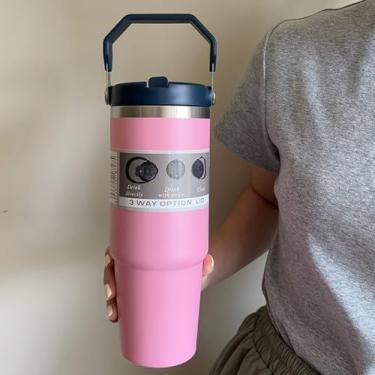 Imagem de Garrafa de água térmica com canudo dobrável de 887 ml, copo de aço inoxidável com alça para viagem, para quente e frio, rosa