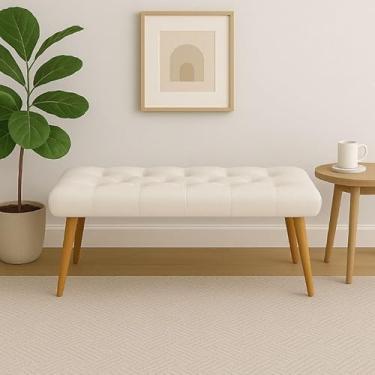 Imagem de Puff Banqueta Estofada – Banco Decorativo com Pés de Madeira para Sala, Quarto, Hall ou Closet (Off white)
