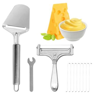 Imagem de Conjunto de 6 fatiadores de queijo com cortador de arame e espátula, cortador de queijo de aço inoxidável prateado fosco para bloco de queijo, cortador de queijo portátil ajustável para fazer