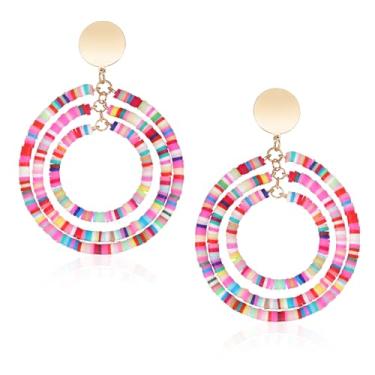 Imagem de Brincos de gota com contas, brincos boho com contas de arco-íris pingente redondo brinco vintage colorido verão praia joias para mulheres festa de férias na praia