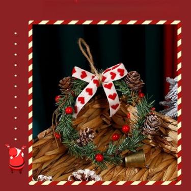 Imagem de 1 guirlanda de Natal de 26,5 x 14 cm com pinhas e decoração de sino. Decoração de Natal de videira para decoração de janela de porta, verde