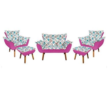 Imagem de Kit 01 Namoradeira Com 02 Poltronas E 02 Puffs Opala Composê Suede Com Estampado Traçado Azul D33 Pés Palito Castanho Pink