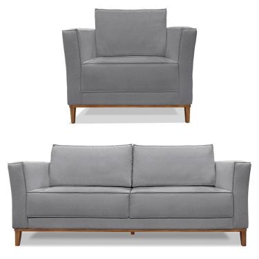 Imagem de Kit Poltrona E Sofá 2 Lugares 1,90m Pés Castanho Grafite