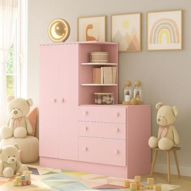 Imagem de Guarda-roupa Infantil Prático: 3 Gavetas e 2 Portas para Organização do Quarto (Rosa)