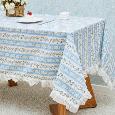 Imagem de Frienda Toalha de mesa vintage azul floral 139,7 cm x 218,4 cm Capa de mesa pastoral retangular com borda de renda decorativa, reutilizável, uso diário, lavável para Ação de Graças, Natal, casamento