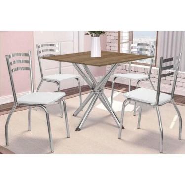 Imagem de Conjunto Mesa Sala Jantar Volga Com Tampo De Madeira 90cm E 4 Cadeiras Portugal Cromada Nogueira Branco Kappesberg