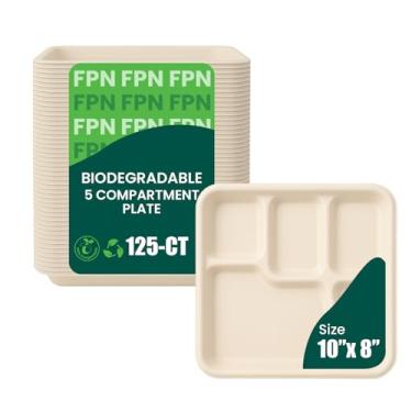 Imagem de Placas FPN com 5 compartimentos, 125 bandejas descartáveis – fibra de cana-de-açúcar, biodegradável e compostável, pratos de papel para refeições, bufê, almoço escolar, seguro para micro-ondas e