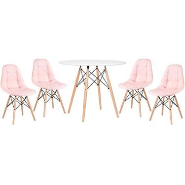Imagem de Loft7, Kit Mesa Eames 90 cm branco + 4 cadeiras Botonê rosa claro