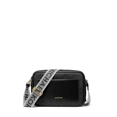 Imagem de Michael Kors Bolsa transversal Maeve com bolso grande, ferragens douradas/assinatura MK com logotipo Kors Webbing/preta