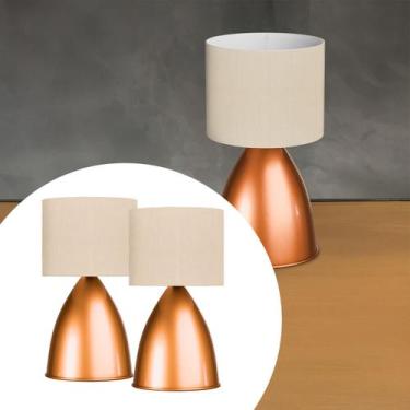 Imagem de Kit 2 Abajur de Mesa Clássico Bojudo Cor Cobre Com Cúpula Algodão Para