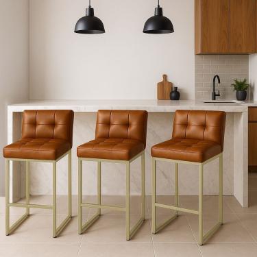 Imagem de Banqueta Cozinha Alta Com Encosto Industrial Kit 3 Champanhe Lirina Pu C05 - D'rossi Whisky