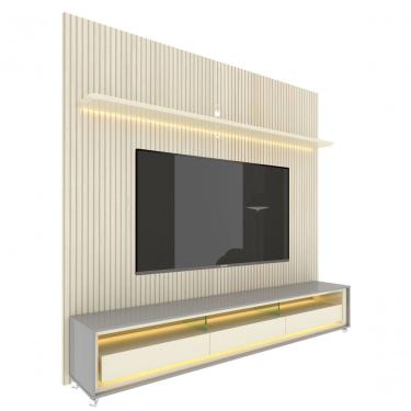 Imagem de Rack Com Painel Requinte 2.2 Ripado 3d Com Led Cinza Com Off White - Gelius Móveis