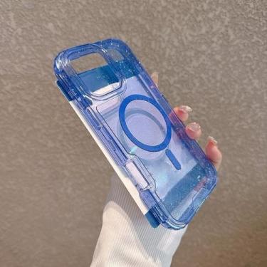 Imagem de Capa transparente 3 em 1 com glitter neon para iPhone 16, 16pro Max, 15 Pro, 14, 13 e 12, capa magnética com carregamento sem fio, azul, para iPhone 15 Plus