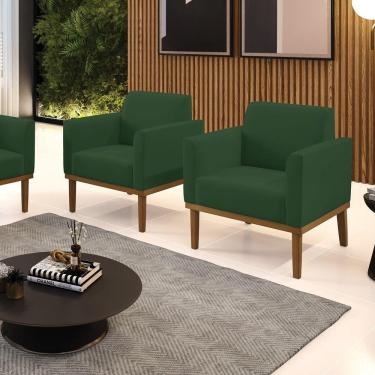 Imagem de Kit 2 Poltronas Decorativas Pés Fixo Em Madeira Castanho Veludo Verde Esmeralda