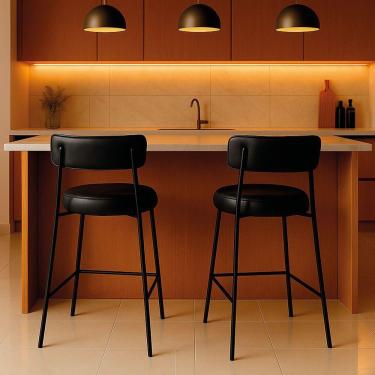 Imagem de Banqueta Cozinha Média Com Encosto Industrial Preto Kit 2 Londres Pu D03 - D'rossi Preto