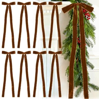 Imagem de Glitinsel 8 peças de laços de Natal de veludo, pré amarrados, feitos à mão, com franjas, laços de fita de veludo, artesanato rústico, embrulho de presente para guirlanda de Natal, guirlanda de escada