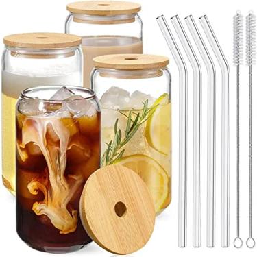 Imagem de Copos de vidro com tampas de bambu e canudos de vidro, conjunto de 4 peças, copos em forma de lata de cerveja de 473 ml, com porta-copos de cortiça reutilizáveis, ideia para coquetéis, smoothies de