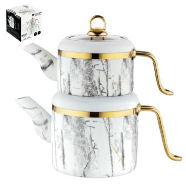 Imagem de Hakan Conjunto de bule de chá turco Melody | Chaleiras de 3,5 L para fogão com aço inoxidável sem mãos e tampa de vidro | Máquina de chá corporal de alumínio | Chaleiras duplas com tampa de granito