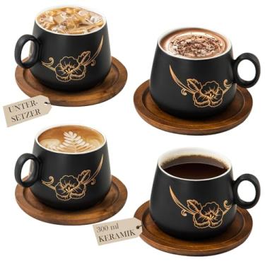 Imagem de Yundu Conjunto de copos de cappuccino e pires de madeira de 293 ml com arte floral dourada, xícara de arte latte para expresso, café e chá, xícara de chá de cerâmica preta fosca moderna conjunto de 4