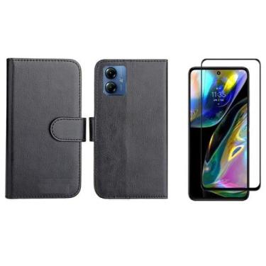 Imagem de Capa Capinha Case Carteira Flip Couro + Pelicula 3D Motorola Moto G54 