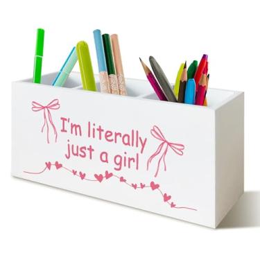 Imagem de YTRGI Suporte de caneta motivacional inspirador com laço rosa para decoração de mesa de escritório em casa, suporte de lápis de madeira motivacional para acessórios de mesa de escritório em casa