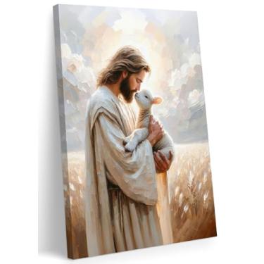 Imagem de FWAHREN Arte de parede em tela de Jesus Cristão e Cordeiro, Bom Pastor, Arte de Pintura Religiosa, Quadro Bíblico Emoldurado, Impressão de Cartaz, Decoração de Parede para Sala de Oração da Igreja