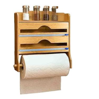 Imagem de Organizador de Bambu Dispenser 4x1 Porta Rolos Duplo Papel Plástico Filme Alumínio Com Cortador(Modelo 1)