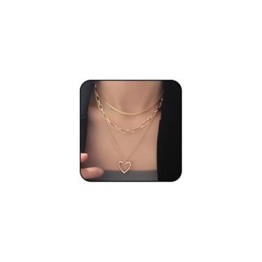 Imagem de Colar feminino com pingente de coração em camadas douradas, corrente de espinha de cobra, pingente de prata, colar de clipe de papel, colar de colar de joias modernas, presentes, Large, Metal, Sem