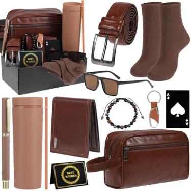 Imagem de Caixa de presente de aniversário para homens, conjunto de cesta de presente para pais 473 ml, carteira, bolsa de higiene pessoal, abridor de garrafas, óculos de sol, pulseira, meias, caneta, chaveiro