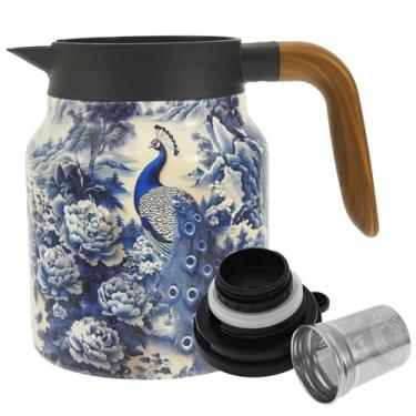 Imagem de ZFLYCANP Bule de chá com padrão vintage, bule de chá isolado, garrafa térmica de aço inoxidável com alça antiescaldante, infusor removível para escritório em casa, bebidas quentes (azul)
