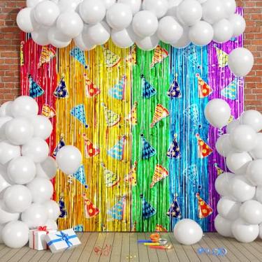 Imagem de Kit de arco de guirlanda de balões arco-íris, decorações de festa de aniversário, balões brancos, cortinas de franja de folha de nuvem arco-íris, pano de fundo, flâmula de estanho colorido, adereços