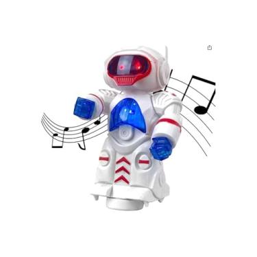 Imagem de Robô Brinquedo Infantil Interativo com Luz e Som, Plástico, Branco e Azul, 17cm x 6cm, Movimento Bate e Volta, para Crianças Acima de 3 Anos, Funciona com 3 Pilhas AAA
