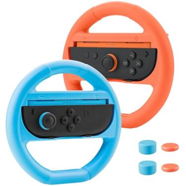 Imagem de FUNDIARY Suporte para rodas azul + laranja compatível com controle Joycon Nintendo Switch 2, [alças antiderrapantes + suporte de liberação rápida] acessórios de volante para jogos de competição de