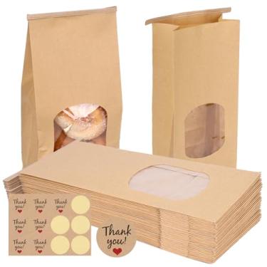 Imagem de 50 sacos de biscoito com selo, sacos de padaria de 6 x 9 x 16,7 cm com janela, saco de papel kraft com aba de gravata de lata para embalagem de biscoitos, embalagem de feijão de café, padaria, doces