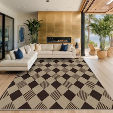 Imagem de JTJ Easy Jute Diamond Tapete de área 20 x 25 cm para sala de estar - Tapete xadrez xadrez para pátio, quarto, escritório em casa, tecido, lavável, bege, preto, geométrico, decoração de varanda frontal