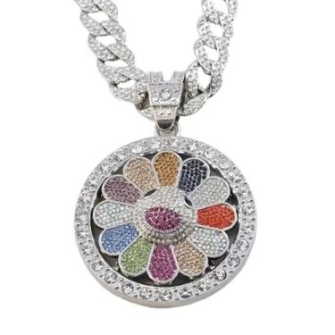 Imagem de Colar Hip Hop Com Pingente De Girassol E Carinha Sorridente,Pétala Giratória Colorida,Estilo Taksi,Cor Prateada