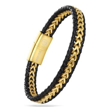 Imagem de WP WEPICK Pulseira masculina de couro trançado banhado a ouro 18 quilates para homens e mulheres Franco fecho de aço inoxidável joia presente 20 cm, 8.5 inch, Sem Pedra Preciosa