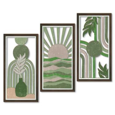 Imagem de Putuo Decor Conjunto de 3 arte de parede Boho abstrata, design geométrico moderno com tons de verde, rosa e bege para sala de estar, quarto, escritório, decoração minimalista de painel de madeira