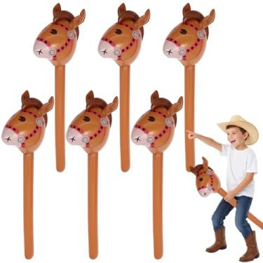 Imagem de 2 balões infláveis de cabeça de cavalo, balões infláveis de 94 cm, balão inflável de bastão de pônei para cowboy ocidental, chá de bebê, decorações de festa de aniversário (marrom - 6 peças)