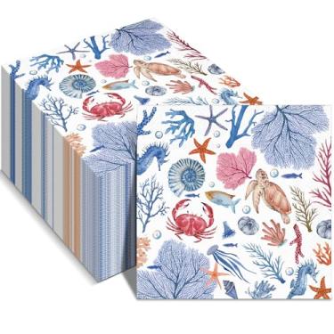 Imagem de Crtiin 100 guardanapos de decoupage guardanapos de coquetel náuticos descartáveis papel de bebida costeira toalhas de mão decorativas de praia para verão casamento almoço jantar festa (litoral)