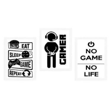 Imagem de Kit 3 Quadros Decorativos Gamer 45X34 C/Vidro Madeira Branca - Quadros