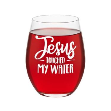 Imagem de Veracco Jesus Touched My Water Taça de vinho sem haste presente de aniversário engraçado para alguém que ama beber lembrancinhas de despedida de solteiro (transparente, vidro)