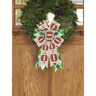 Imagem de 2 peças de laços de guirlanda de futebol americano, arcos de futebol americano, xadrez verde e branco, laços de serapilheira para grinalda, tecido esportivo, laço de fita de linho para festa do Super