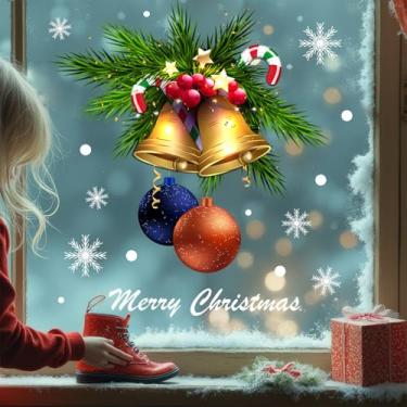 Imagem de Adesivos de janela de Natal com design de bengala de sino de floco de neve, adesivos de janela de inverno, adesivos de janela de férias reutilizáveis estáticos para decoração de porta de vidro de café
