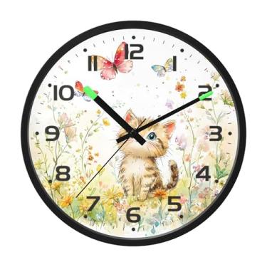 Imagem de SEHANY Relógio de parede de gato fofo, silencioso, sem tique-taque, operado por bateria, controle de som, luz noturna, relógios de parede para sala de estar, cozinha, quarto, escritório, decoração de