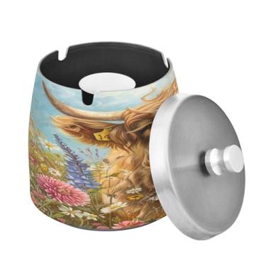 Imagem de Blueangle Lindo cinzeiro de vaca Highland com tampa para cigarros, à prova de vento/chuva, aço inoxidável, sem fumaça, inodoro, cinzeiro para uso interno ou externo (451)