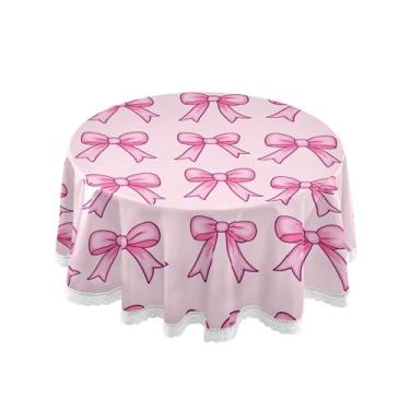 Imagem de SEHANY Toalha de mesa redonda com laço rosa de 152 cm, tecido lavável sem rugas, toalha de mesa decorativa de renda para restaurante, casamento, acampamento, festa de cinco de maio