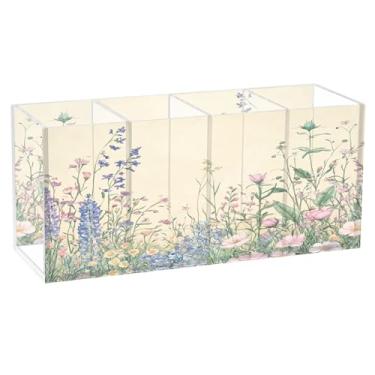 Imagem de SEHANY Porta-canetas de acrílico com flores silvestres coloridas, 4 compartimentos, porta-lápis transparente, organizador de pincéis de maquiagem, organizador de papelaria para escritório, casa