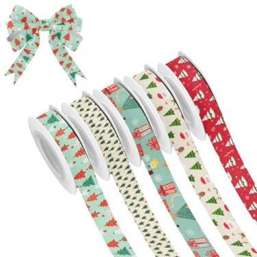 Imagem de SEHANY 5 rolos de fita de Natal 0,59 polegadas 5 jardas fitas de tecido de árvore de Natal fitas de cetim festivas fitas decorativas de Natal para embrulho de presente faça você mesmo artesanato