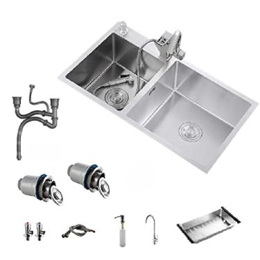 Imagem de HGTRH Lava-louça sobre bancada cozinha, lava-louças cozinha 2 seios baixo bancada, lava-louça INOX debaixo bancada, lava-louças de dois seios com escorredor, torneira e acessórios